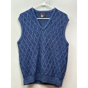 Robert Bruce Sweater Vest Mens Large Blue Diamond Knit Wool Blend Vintage USA